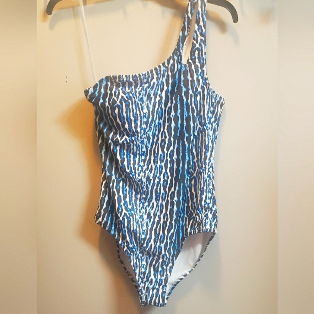 Jessica Simpson Blue and White One Shouldered Leopard Print Swimsuit